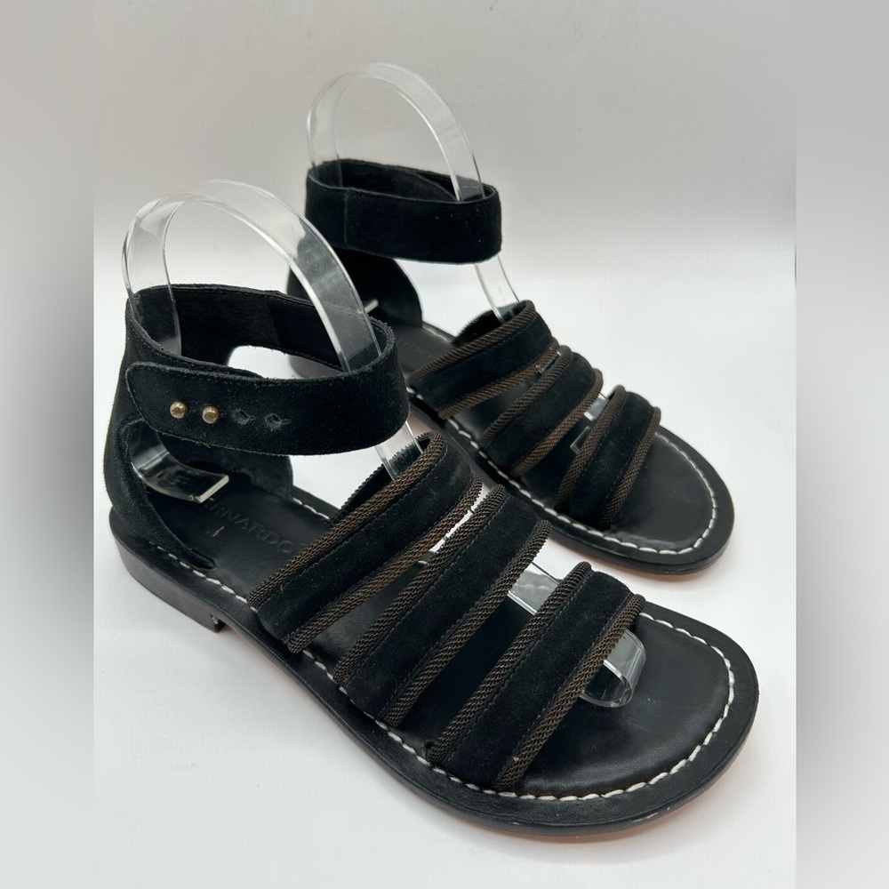 BERNARDO Theo Black Suede and Leather  Strappy Flat Sandal 7